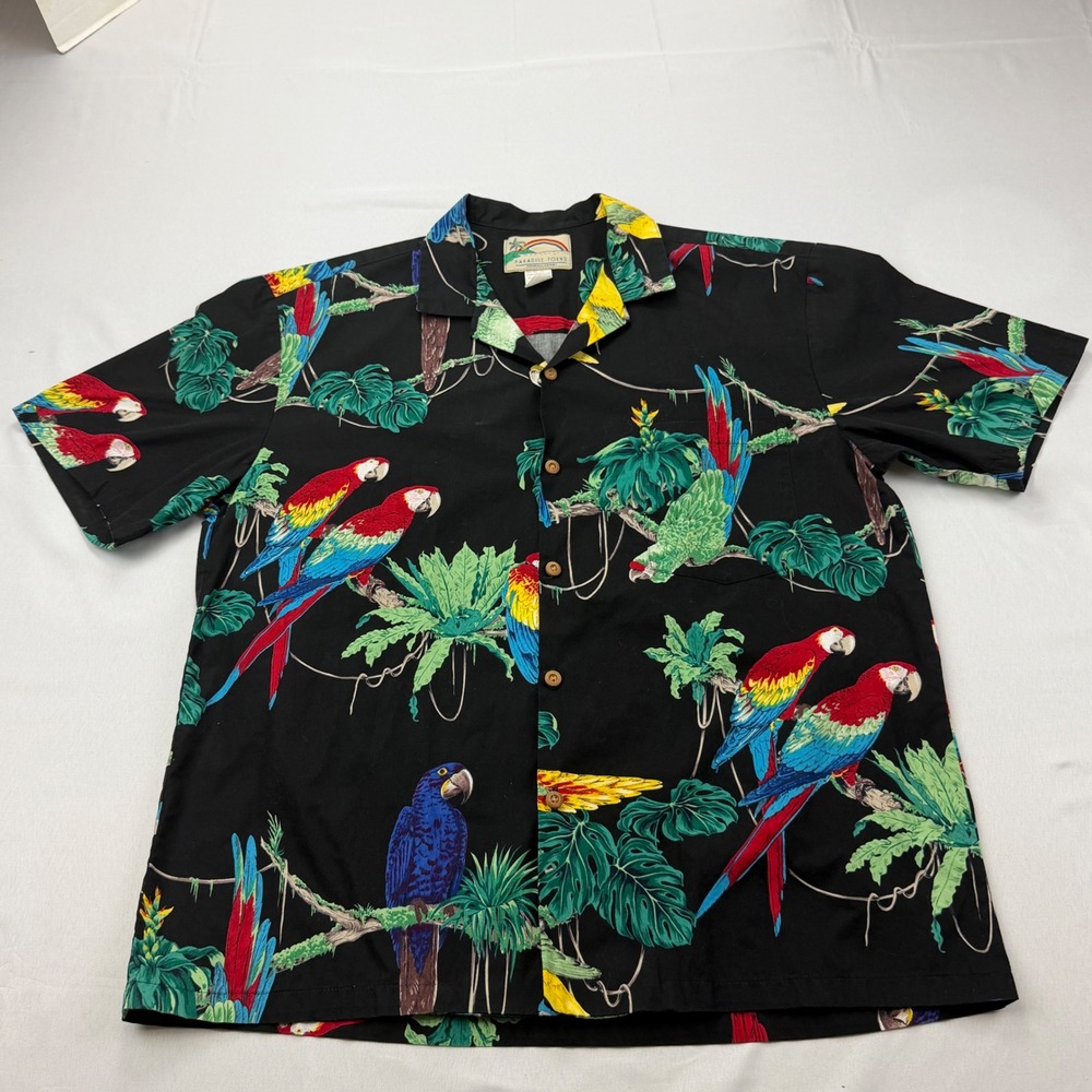 Vintage Paradise Found Hawaiian Shirt Mens Large Black Parrot Tropical Cotton